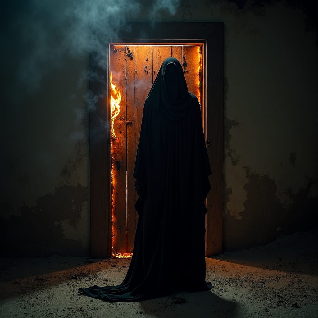 Haunting Veiled Woman Beside Burning Door