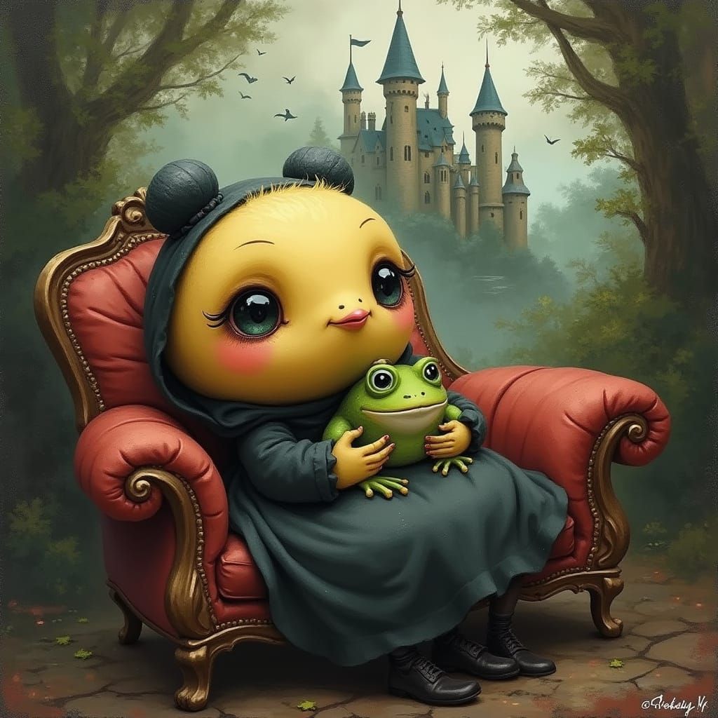 Cute Bird Character in Medieval Castle, Whimsical Painting