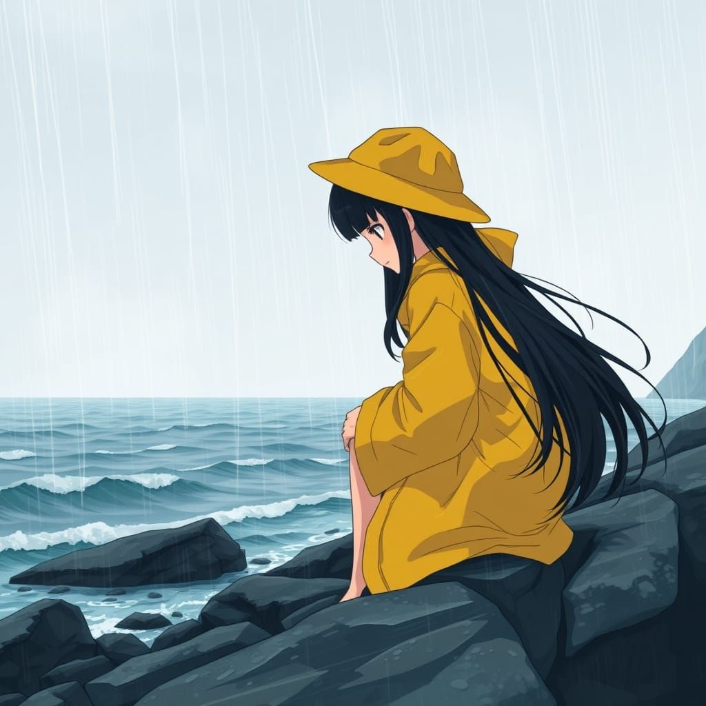 Contemplative Ocean Scene in Traditional Japanese Style