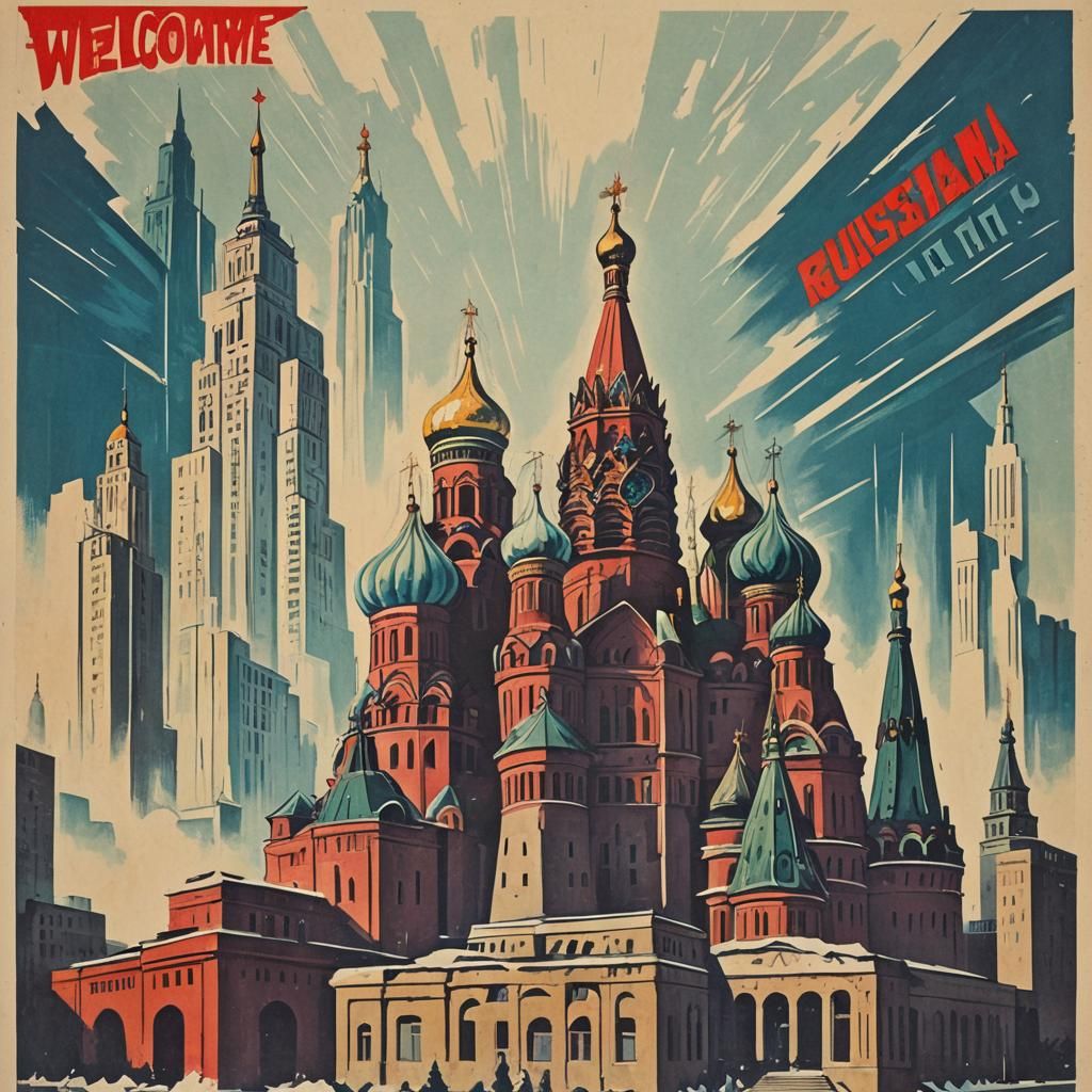 1950s Russian Propaganda Poster: Brutalist Landmarks
