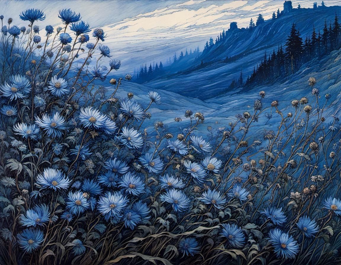 Blue Asters Bending: Detailed Illustration of Nature