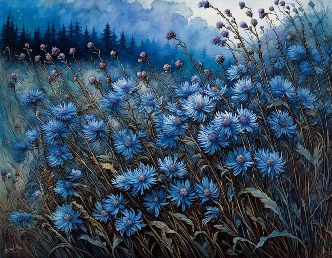 Blue Asters Bending: Golden Age Illustration