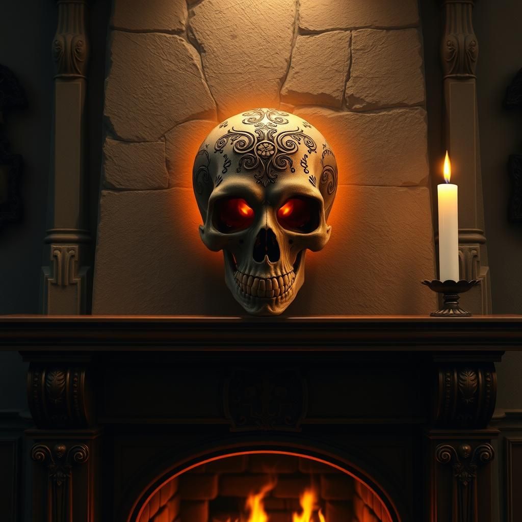 Ornate Skull Above Fireplace in Mystical Lighting