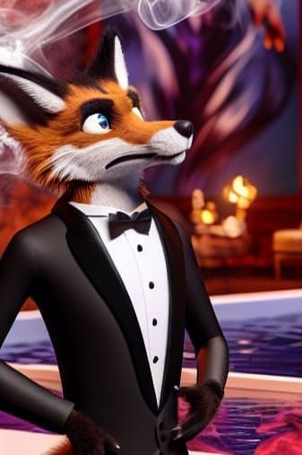 A stylish anthropomorphic fox wearing a tuxedo at a pool par...