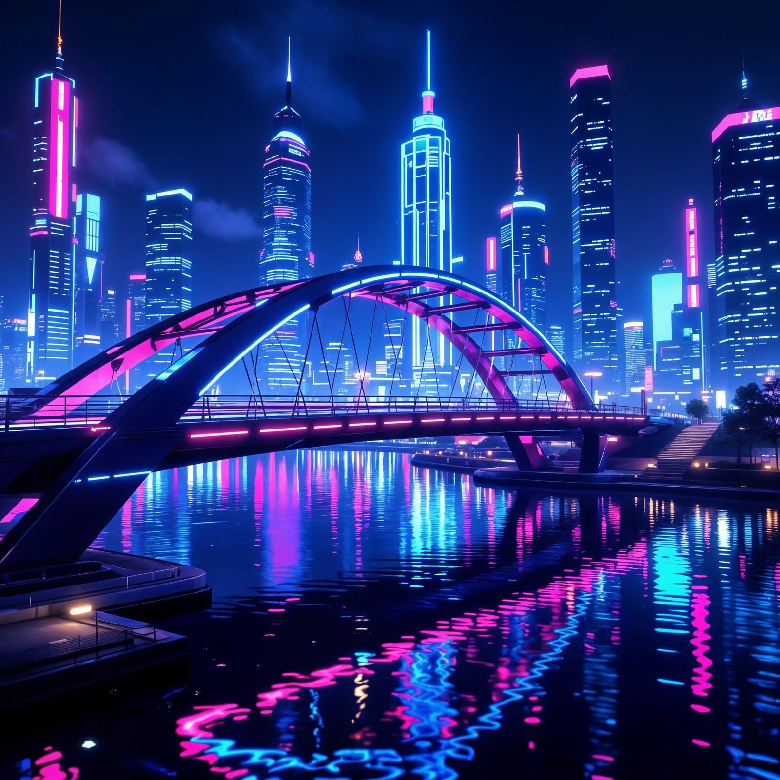 Futuristic Neon City Bridge in Eastern Europe