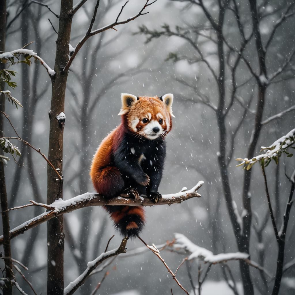 Cinematic Baby Red Panda in Snowstorm