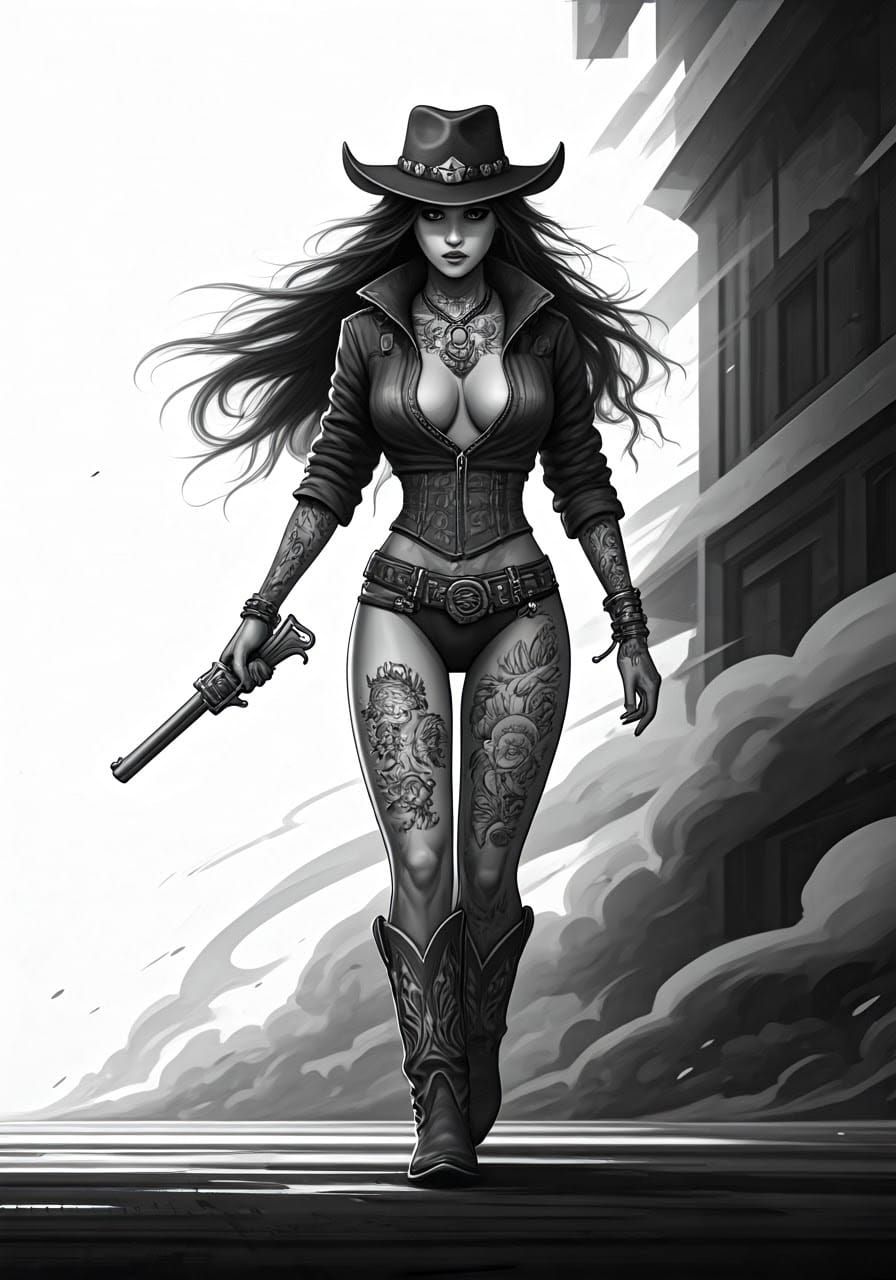 Urban Cowgirl in Tattoo Style Art