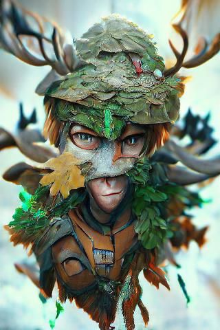 Leaf-Made Forest Soldier with Antlers in 8K
