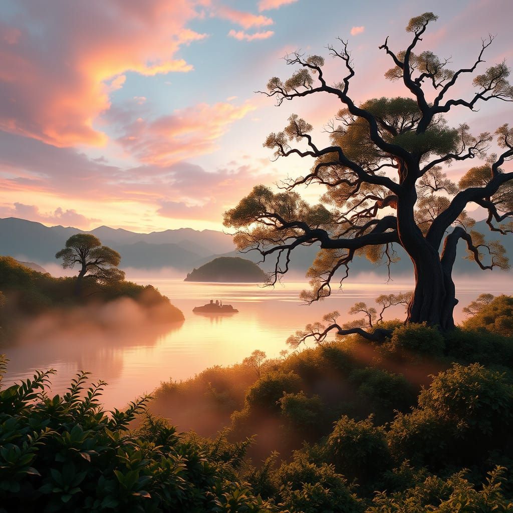 Enchanted Lagoon at Dusk: A Dreamlike Scene