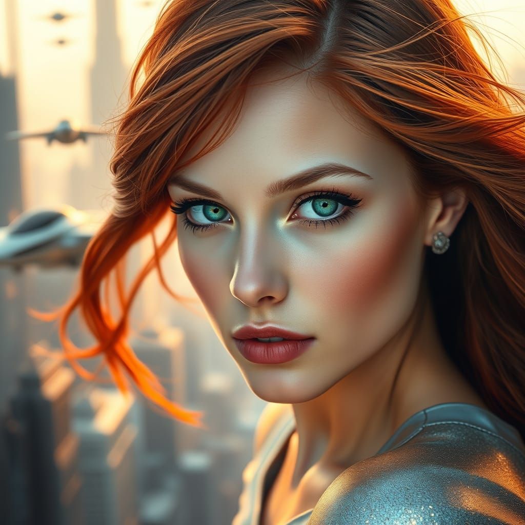 Stunning Woman in Futuristic Cityscape