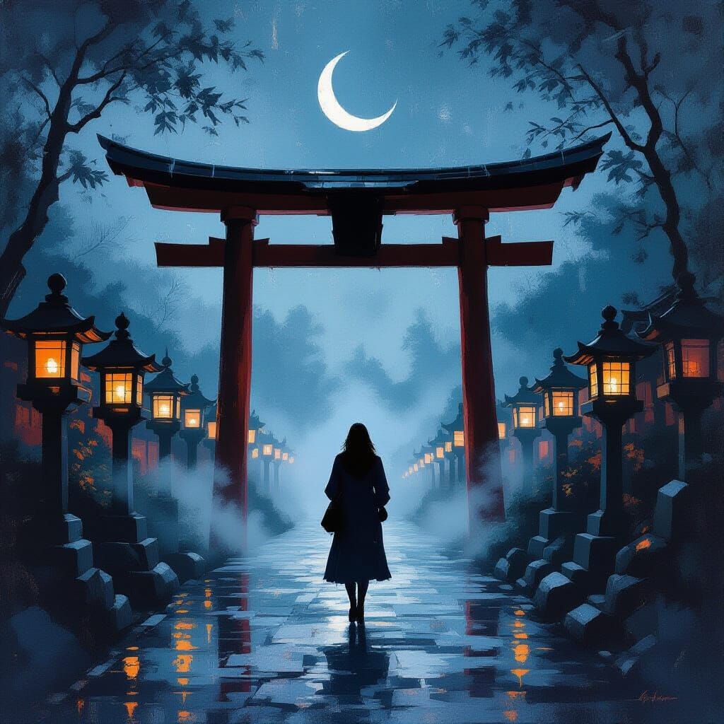 Mystical Torii Gate Under Moonlight as Impasto Painting