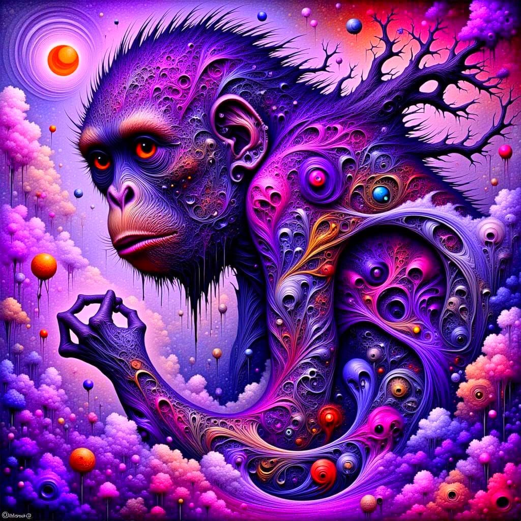 Surreal Orangutan in a Vibrant Purple Realm