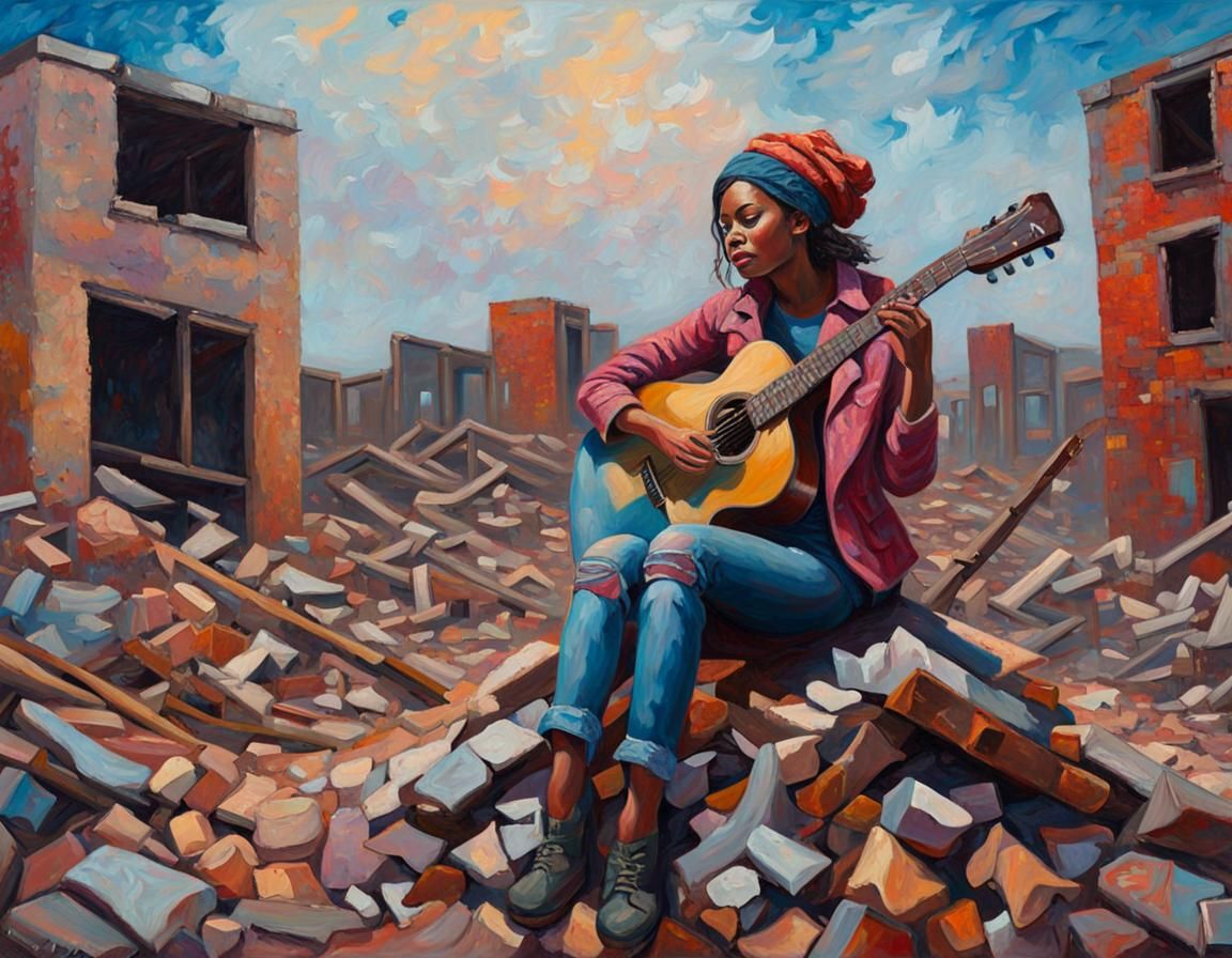 Post-Apocalyptic Musician in Neo-Impressionist Style