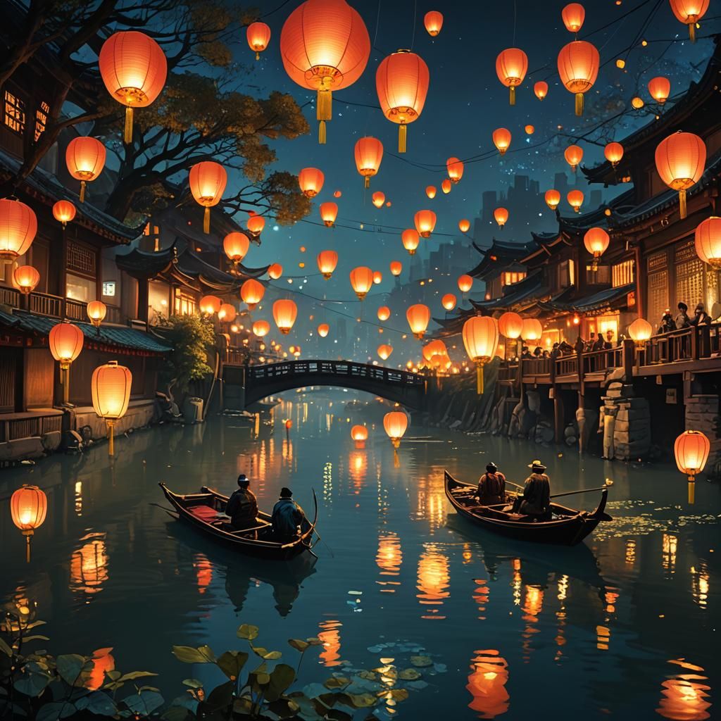 Glowing Chinese Lanterns on River, Fantasy Art