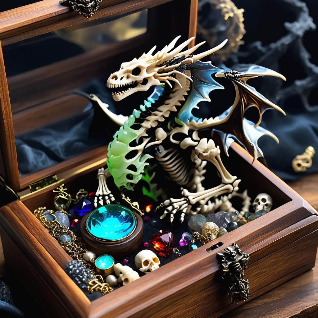 Miniature Skeleton Dragon in a Jewelry Box