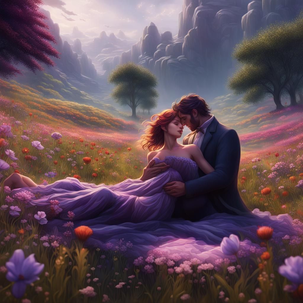Romantic Meadow Scene in Dark Fantasy Style