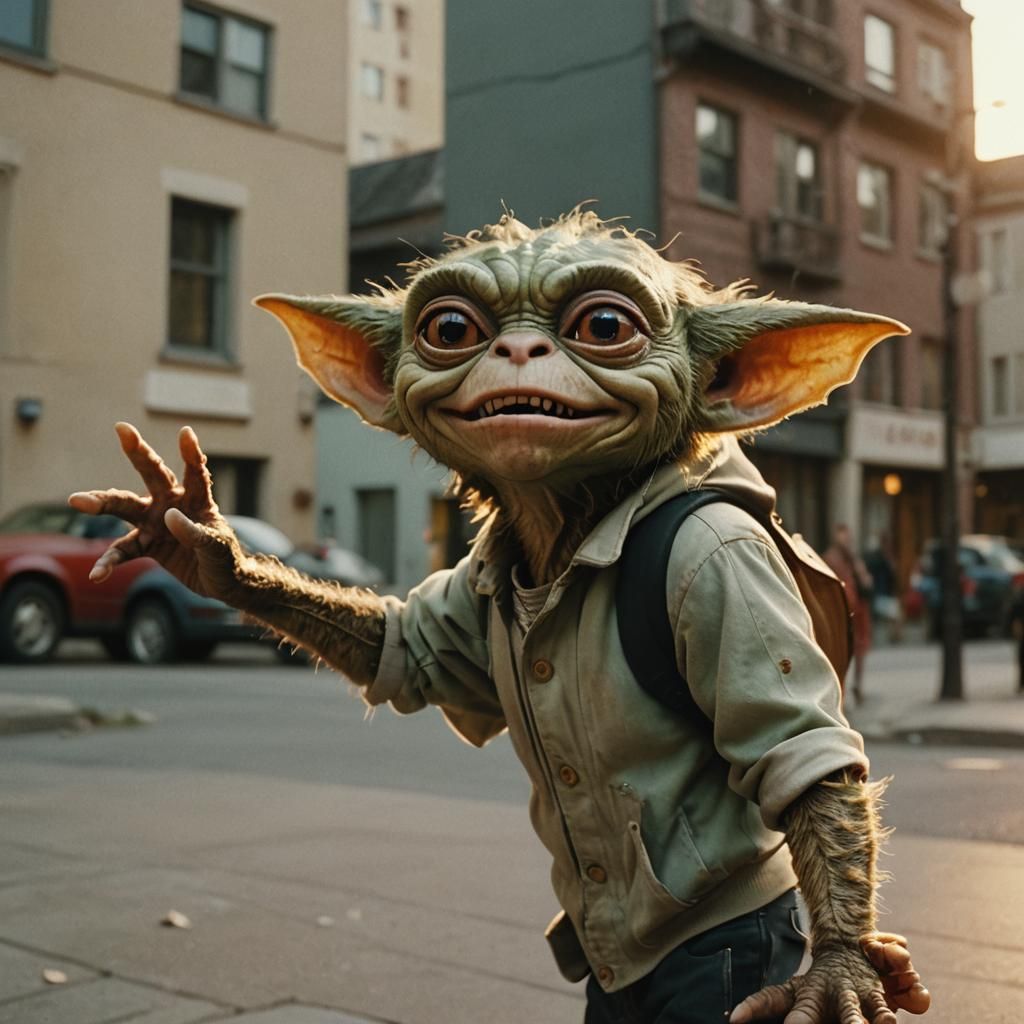 Gremlin Waving Farewell in Cinematic Film Still
