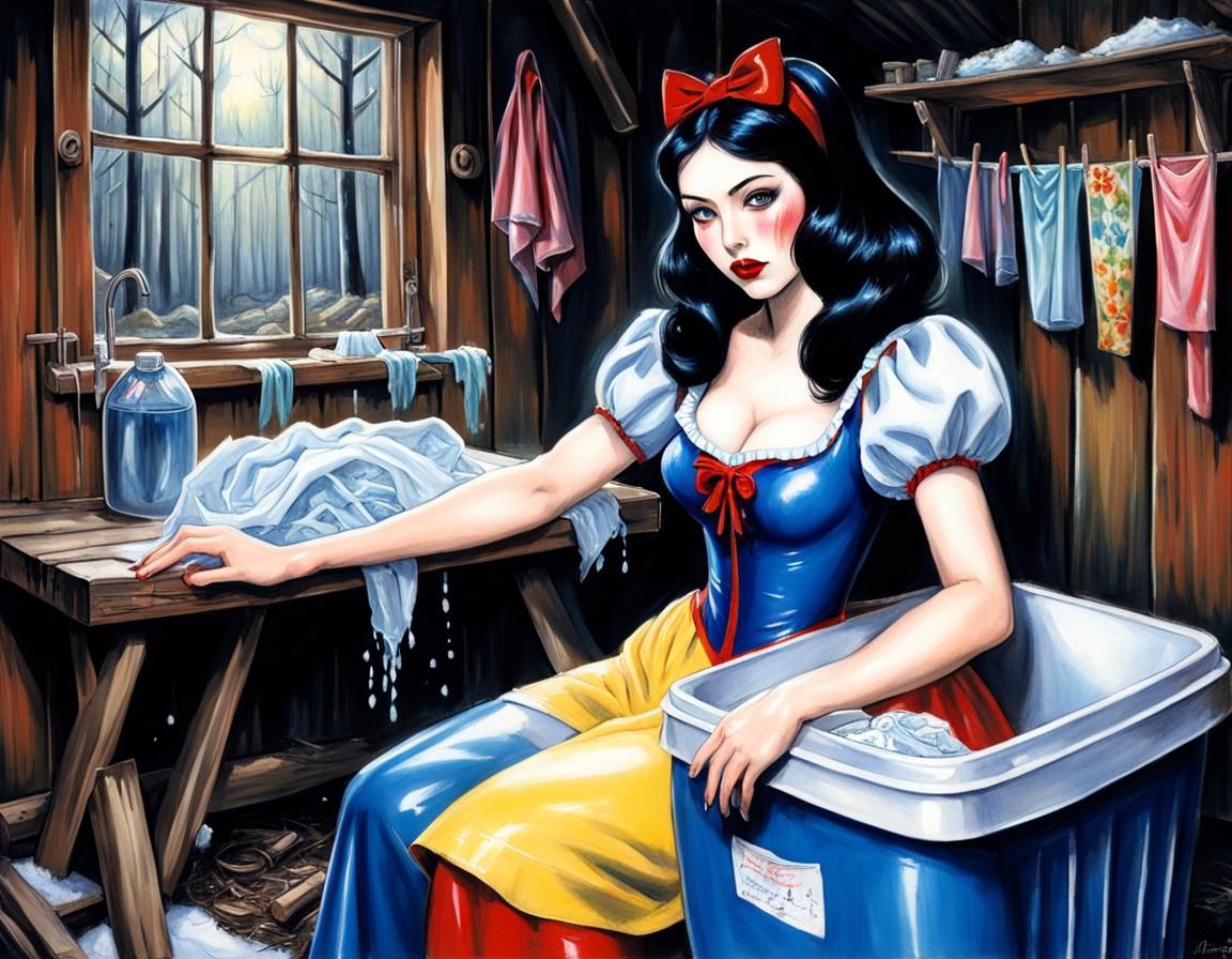 Snow White in Latex Costume Does Laundry
