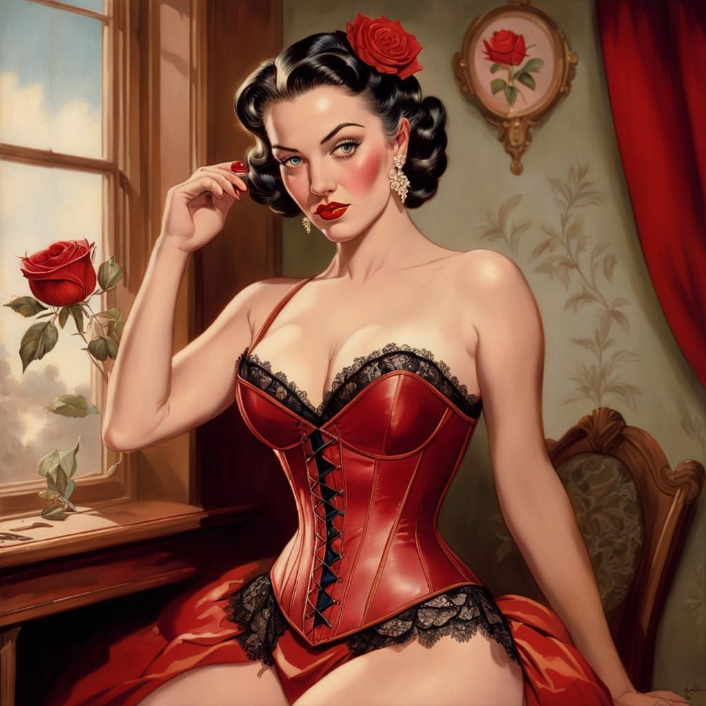 Classic Pin-up Beauty in Crimson Corset