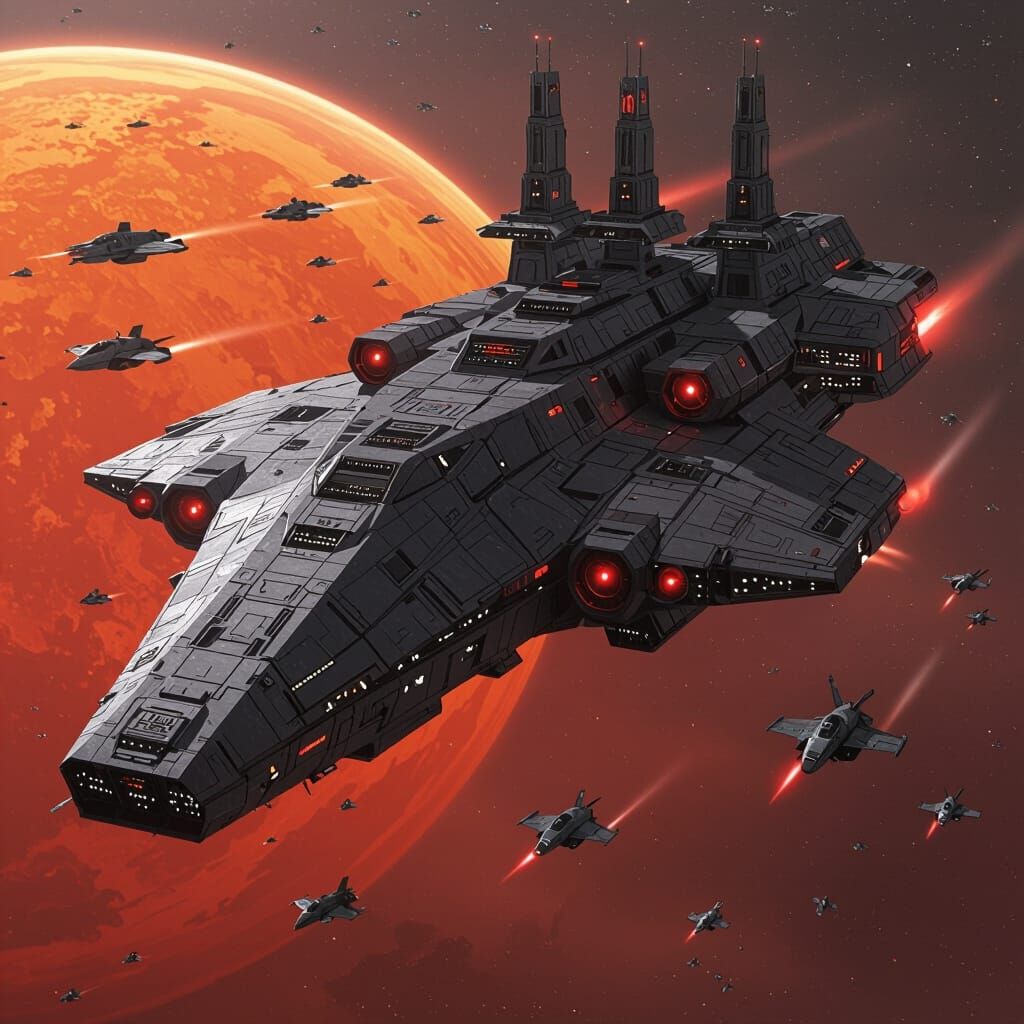 Armored Spaceship Leviathan Over Red Gas Giant