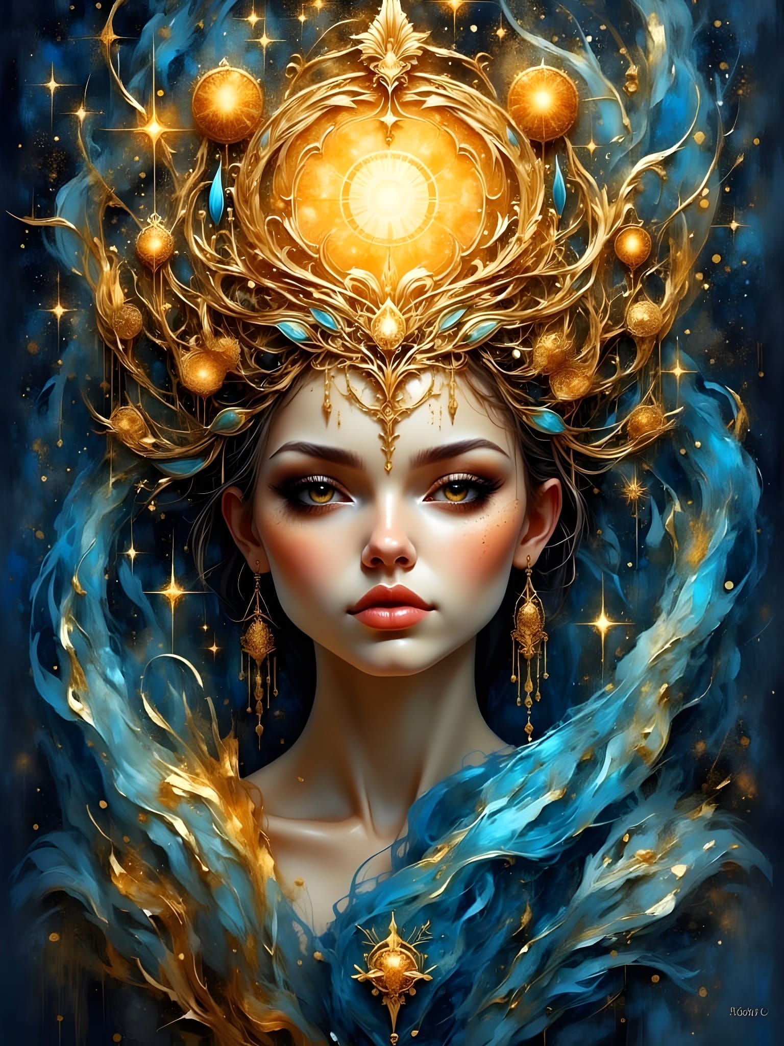 Ethereal Goddess of Stardust in Klimt-Inspired Painting