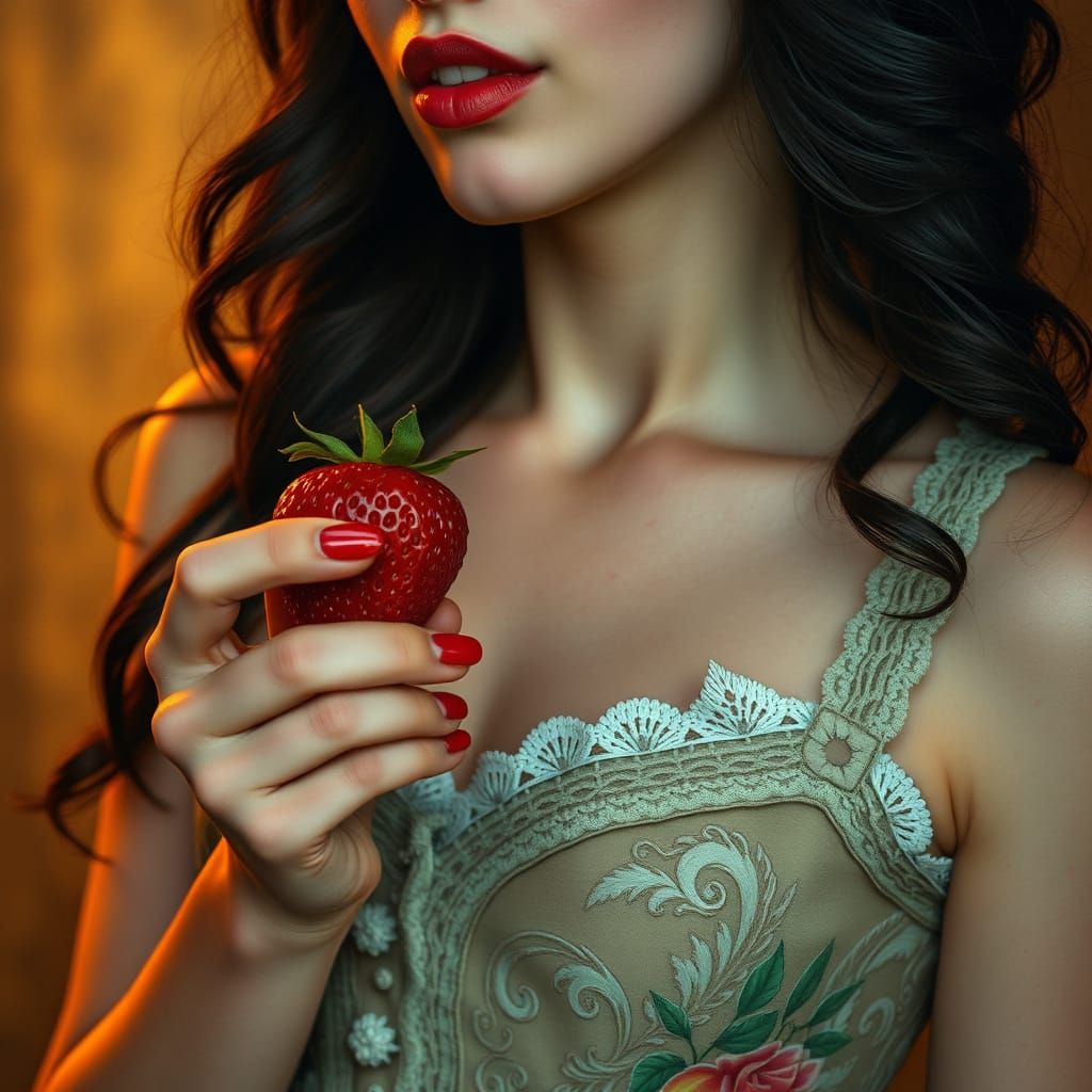 Vintage Woman Admires a Juicy Strawberry