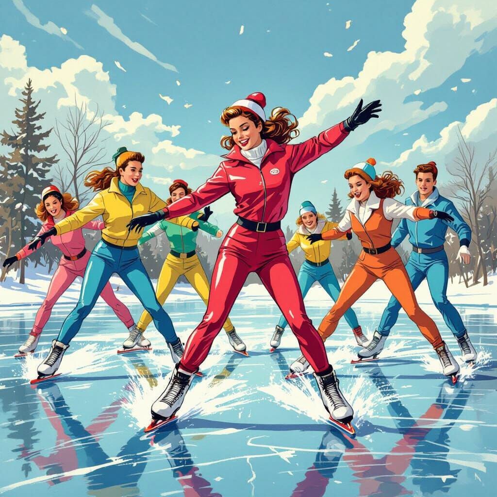1950s Teens Figure Skating on Lake in Comic Style