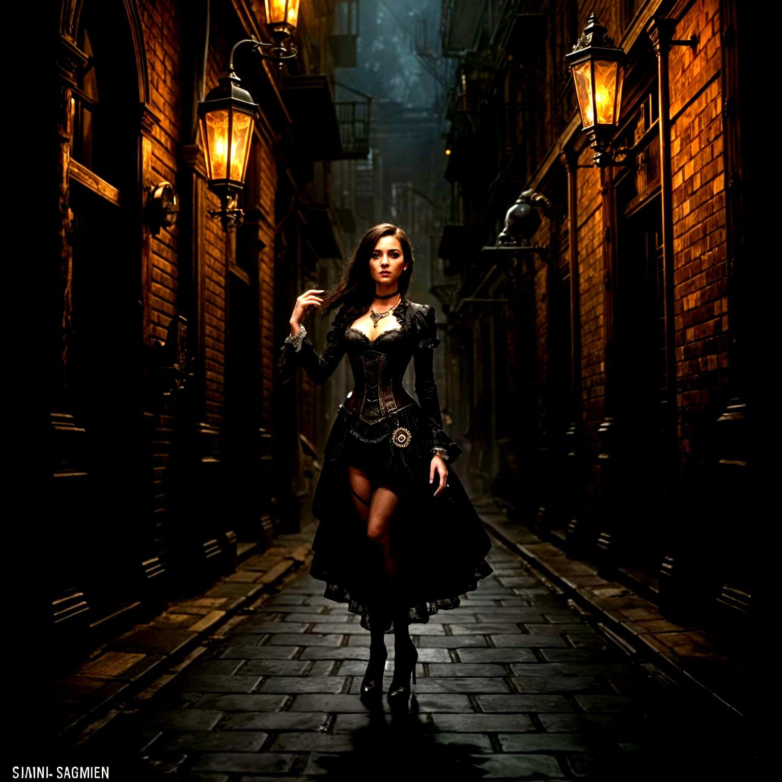 Gothic Steampunk Woman in Gaslit Alley