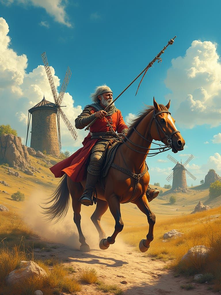 Don Quixote Charges Windmills in Vibrant Spanish Landscape