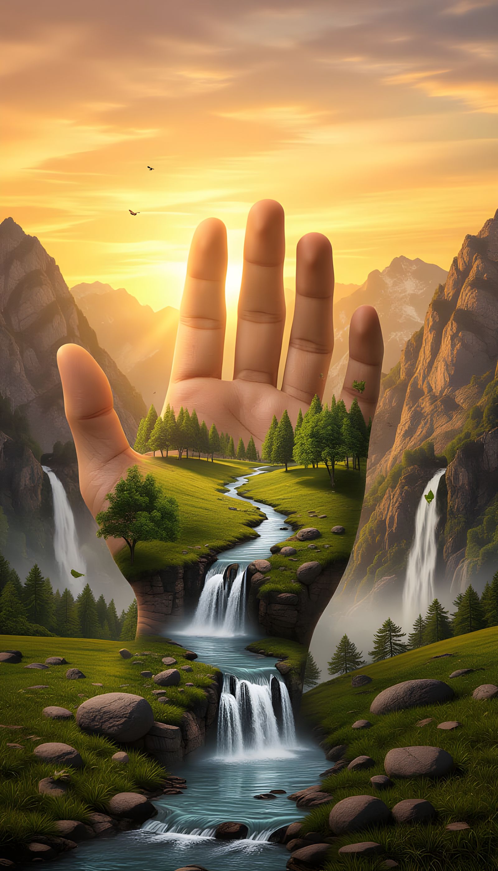 Giant Hand Valley Landscape in Hyperrealistic Style