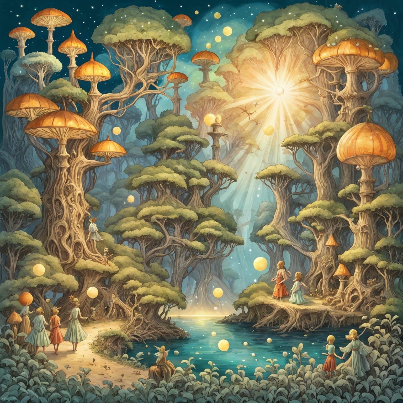 Bioluminescent Forest Dreamscape in Anton Pieck Style