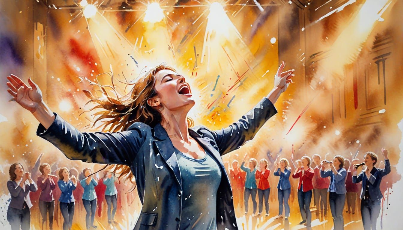 Singer in Concert Hall, Wet-Wash Watercolour Style