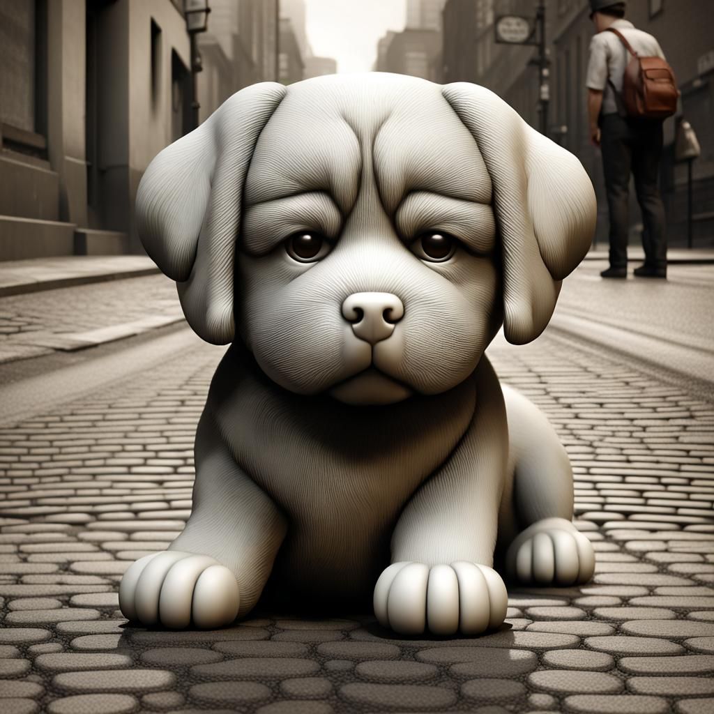 Newfoundland Puppy Portrait in Impasto Media Collage