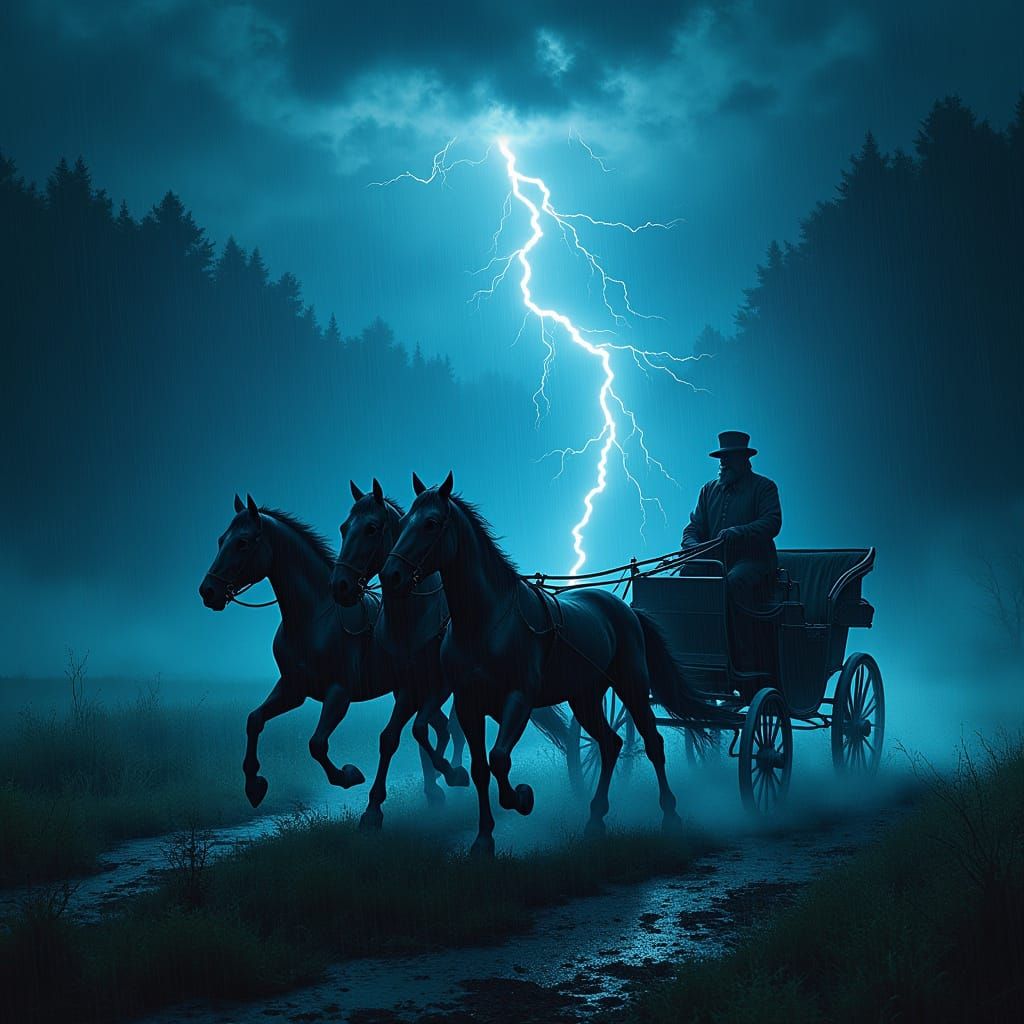 Majestic Carriage Rides Through Stormy Night Sky