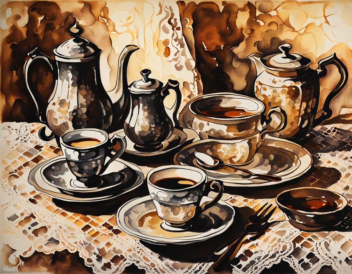 Vintage Coffee Set in Post-Impressionist Ink Painting Style