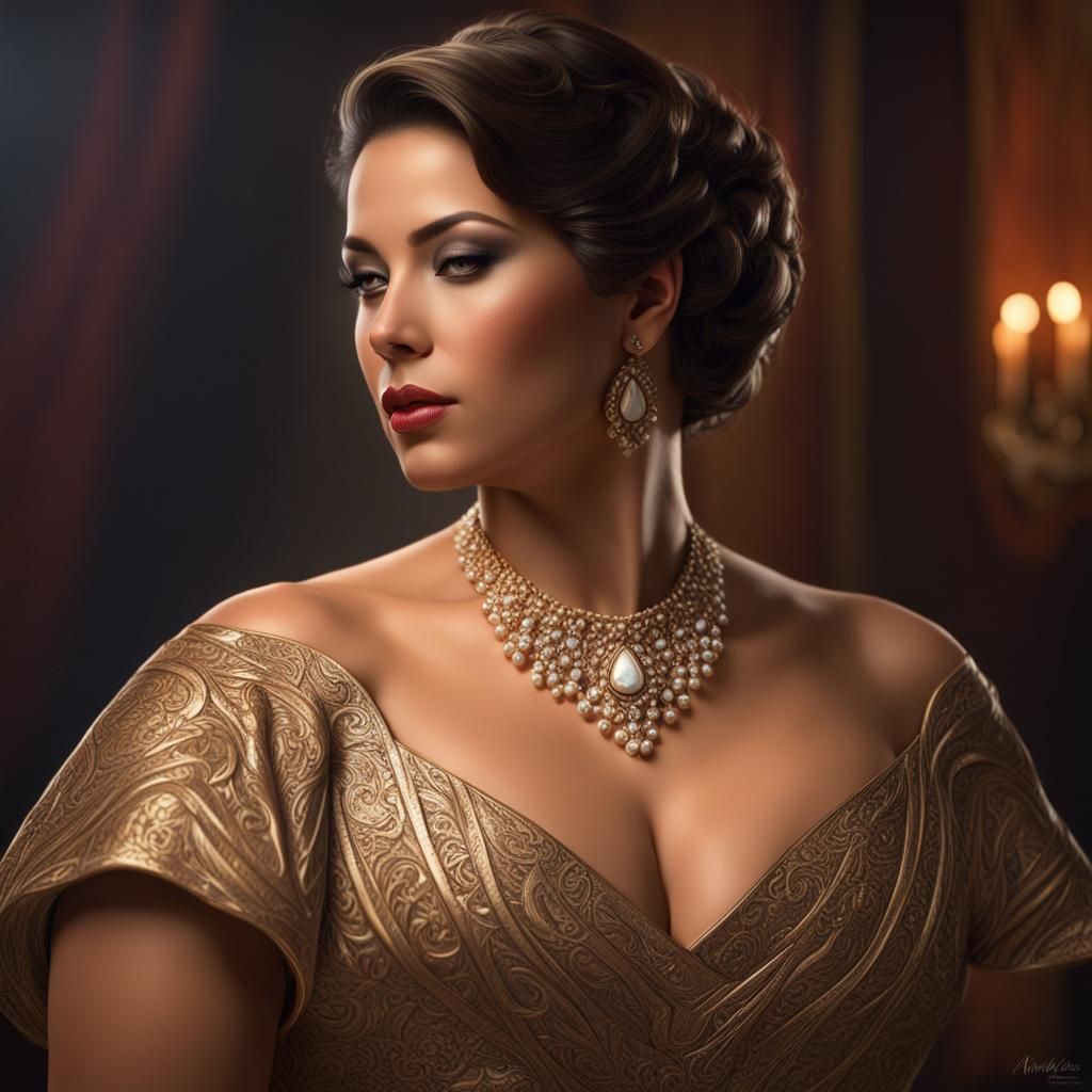 hispanic woman with short brunette hair in a beautiful elegant gown :: chiseled face :: chubby, obese, fat, plus sized :...