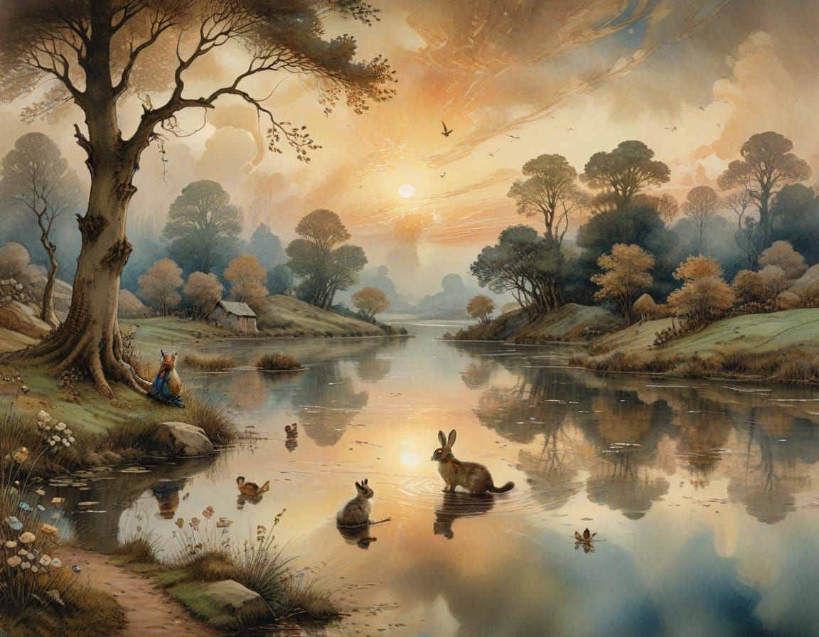 Whimsical Lake Scene with Animals in Dreamy Watercolour