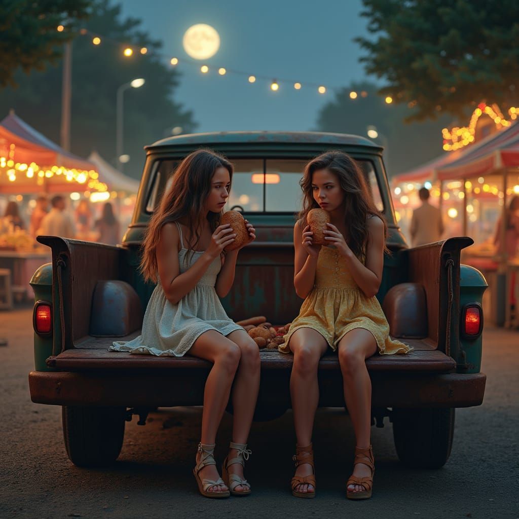 Girls at Night Market Enjoying Bratwurst in Dreamy Style