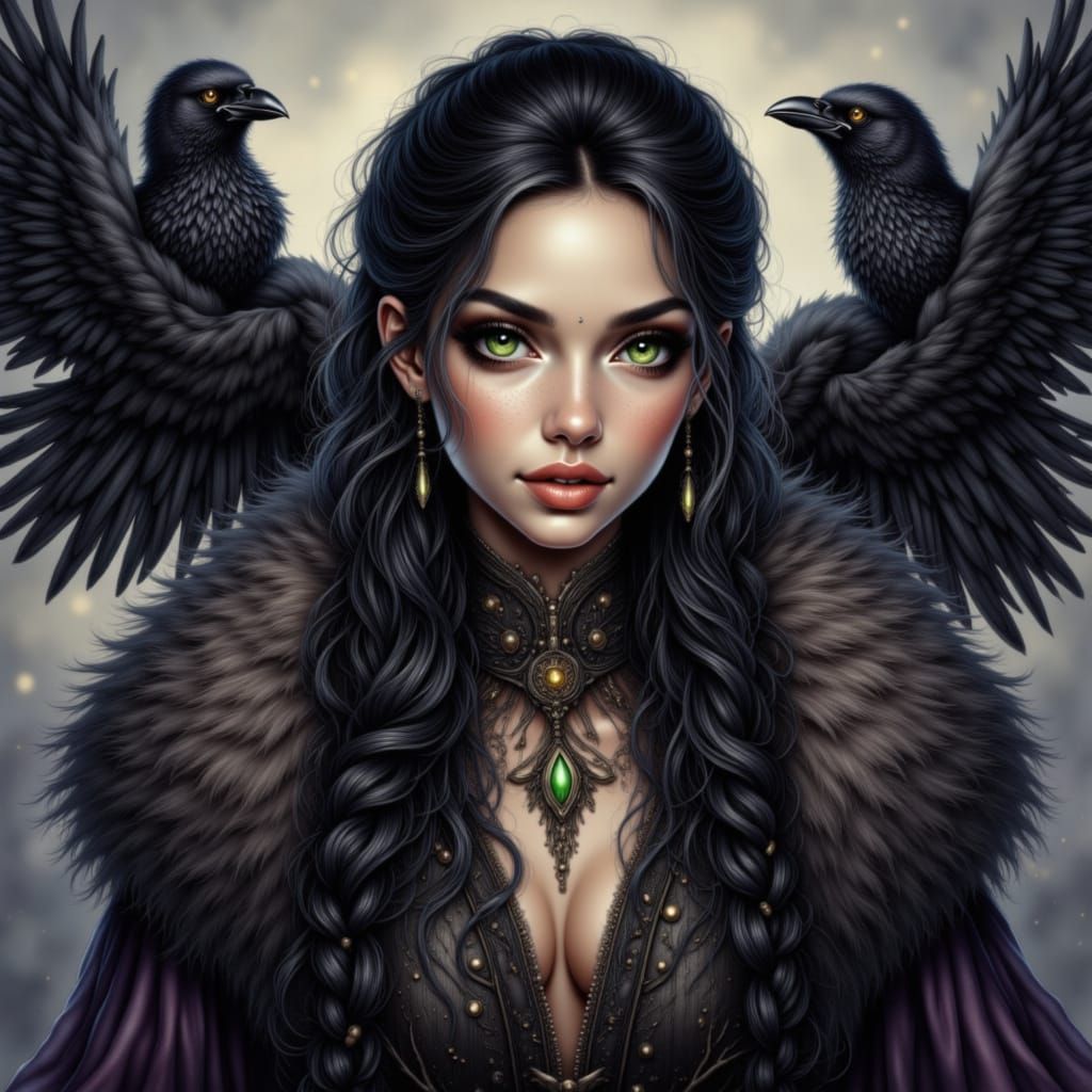 Young Brunhilde with Ravens in Gothic Style