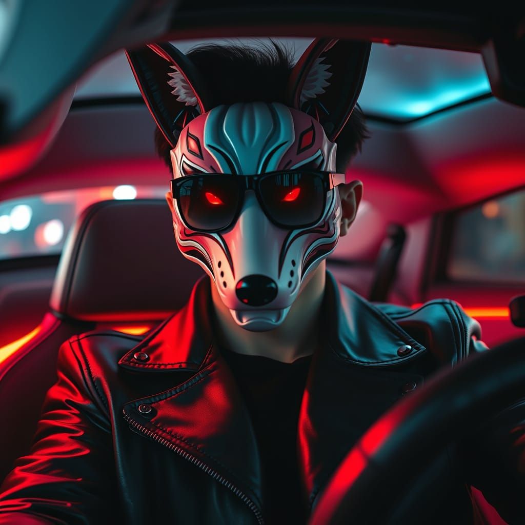 Korean Celebrity in Fox Mask with Glowing Eyes in Sports Car
