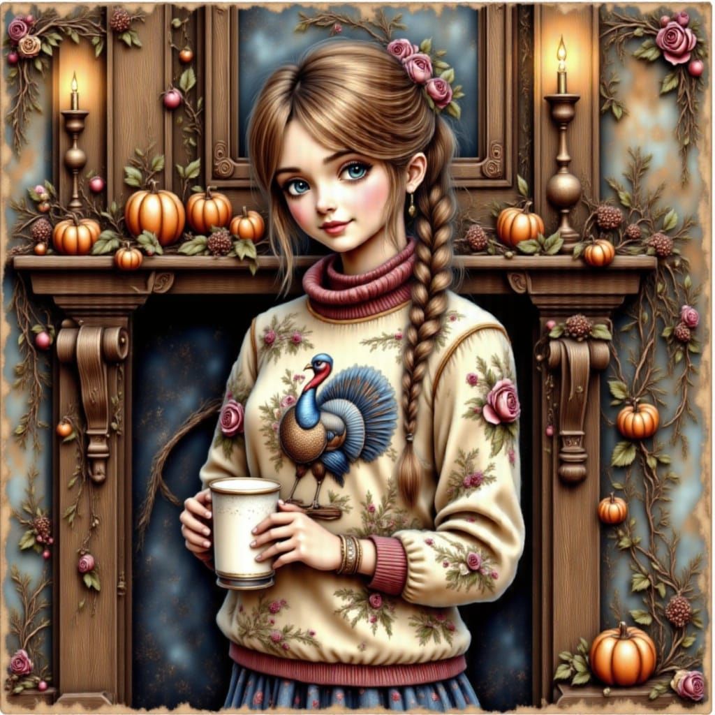 Teenager in Ugly Thanksgiving Sweater by Fireplace