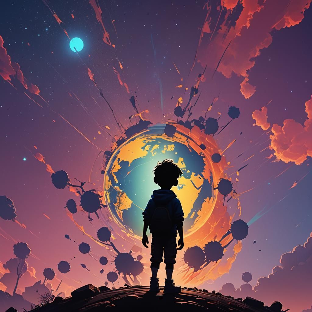 Child Silhouette Contrasting Vibrant Earth: 3D Digital Art