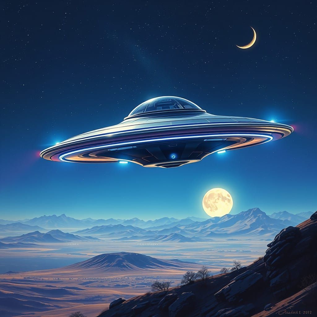 Futuristic UFO Concept Art in a Celestial Landscape