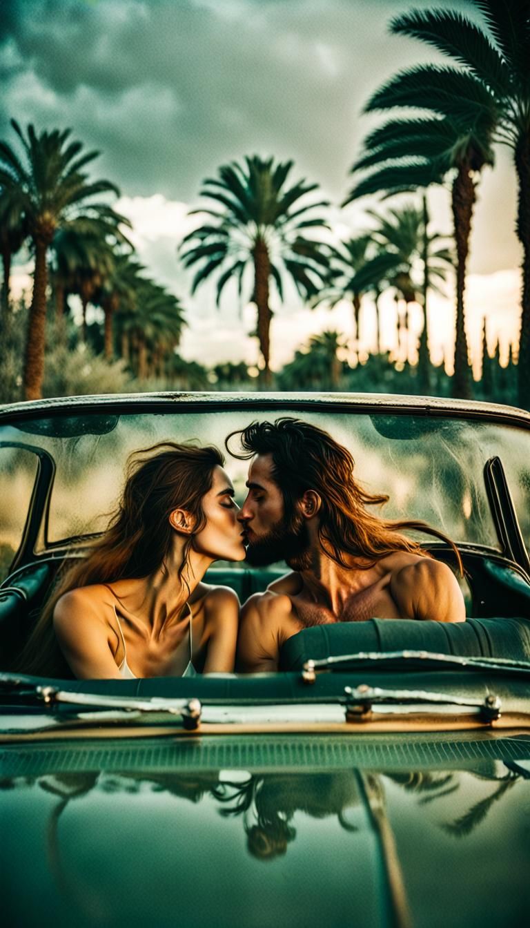 Couple Kissing in Vintage Car at Twilight