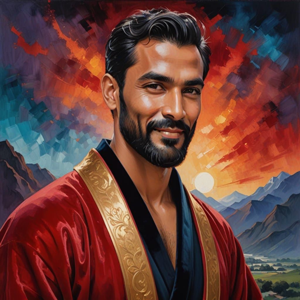 Smiling Man in Velvet Robe, Impasto Oil Painting