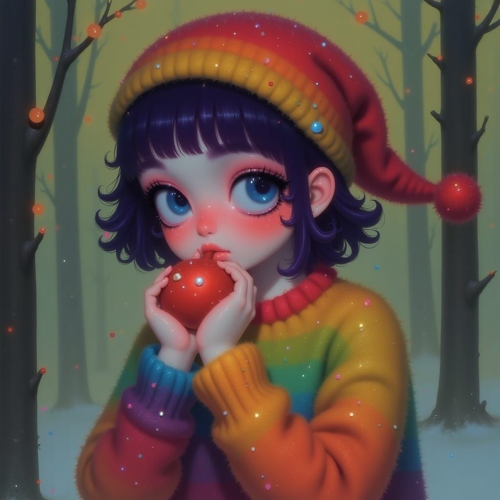 Woman Vomiting Rainbow with Big Doll Eyes