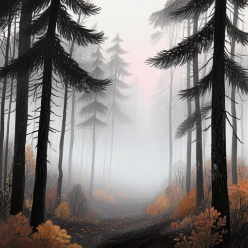 Mysterious Foggy Forest Landscape in Soft Pastels