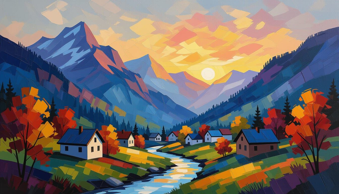 Alpine Canyon Village at Sunset, Autumn Landscape Painting