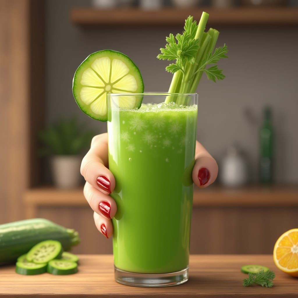 Anime-Inspired Woman with Green Juice in Kitchen