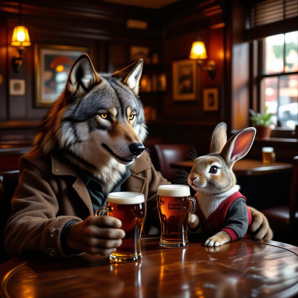 Wolf and Rabbit Enjoying Drinks in Cosy Pub